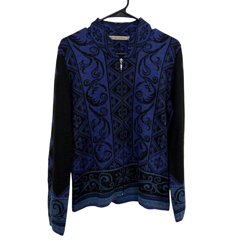 Simply Natural Sweater Womens Medium Blue Alpaca Blend Full Zip Geometric Peru